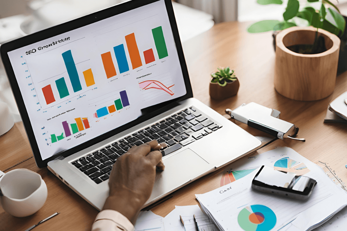 SEO data dashboard on laptop screen