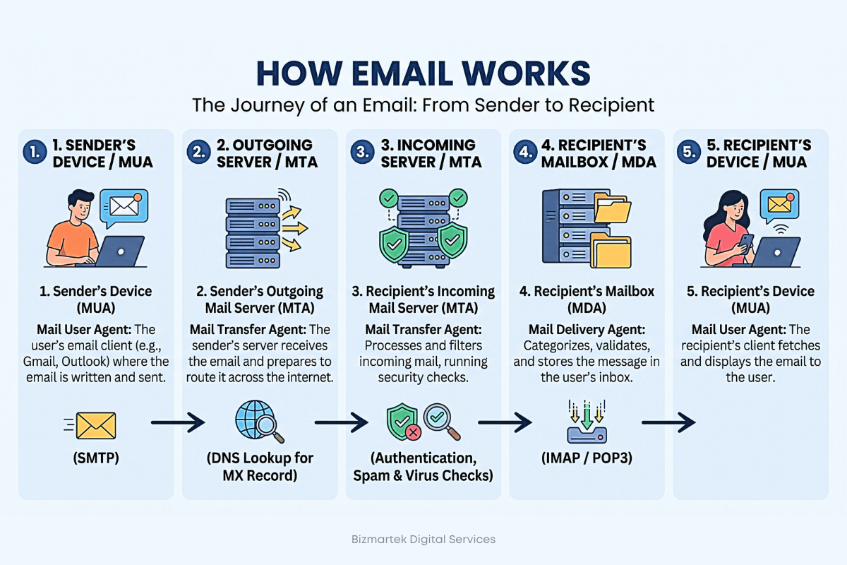 ContentBlog Post Images 19 When you hit send on an email, it does not instantly teleport to the recipient's screen. Instead, it triggers a rapid sequence of digital handshakes involving client applications, mail servers, domain name lookups, and specialized transfer protocols. Understanding how emails are sent—and the mechanics governing protocols like SMTP, IMAP, and POP3—helps businesses and everyday users identify why certain messages never reach the inbox. From technical verification checks to anti-spam filters, uncovering this behind-the-scenes pathway is the key to mastering email deliverability and protecting critical communications.