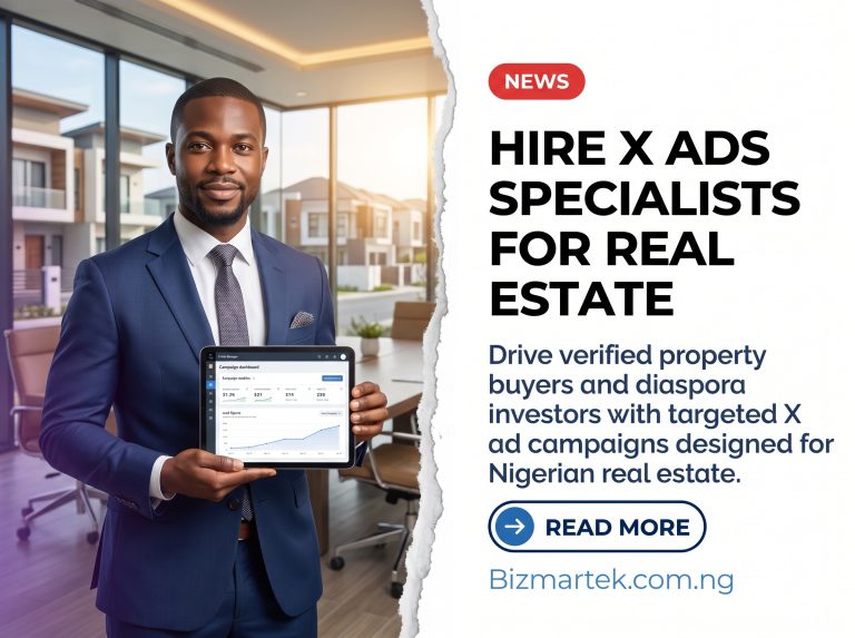 Hire X Ads Specialists for Real Estate Reaching high-intent property buyers, corporate executives, and diaspora investors requires more than generic social media boosting. Bizmartek provides performance-driven X (Twitter) advertising tailored specifically for Nigerian real estate developers, commercial brokers, and professional realtors. From strategic audience targeting and conversion-optimized ad creatives to active campaign optimization and pipeline lead qualification, our specialized management turns platform attention into closed property sales.