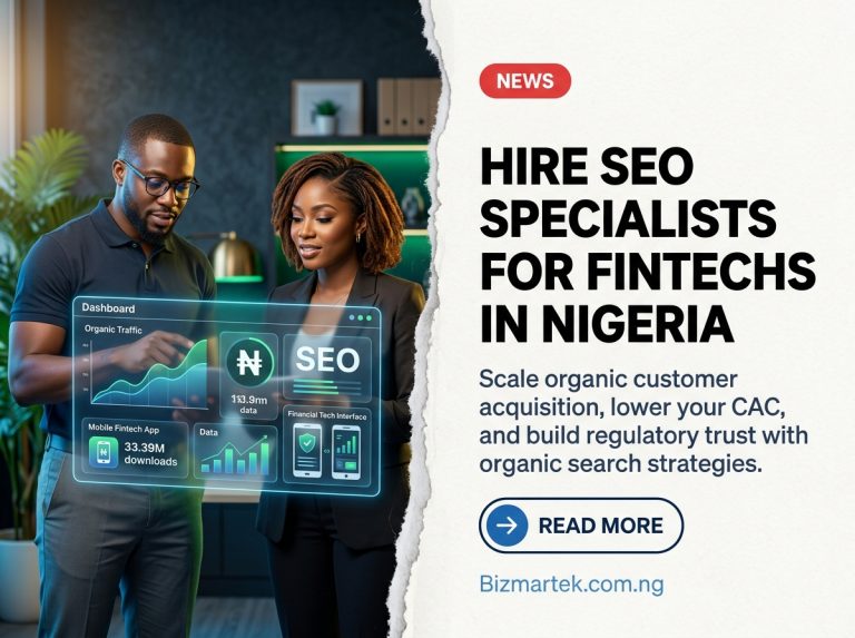 Professionals analyzing fintech … 20261020233742 Customer acquisition costs across Nigerian paid channels continue to surge, while user skepticism around digital finance remains steep. Bizmartek provides dedicated SEO for fintechs, helping digital lenders, payment gateways, and wealthtech startups earn dependable organic search visibility. By aligning high-intent search queries with technical compliance and authoritative content, we turn search engine demand into active accounts, wallet funding, and long-term business retention.